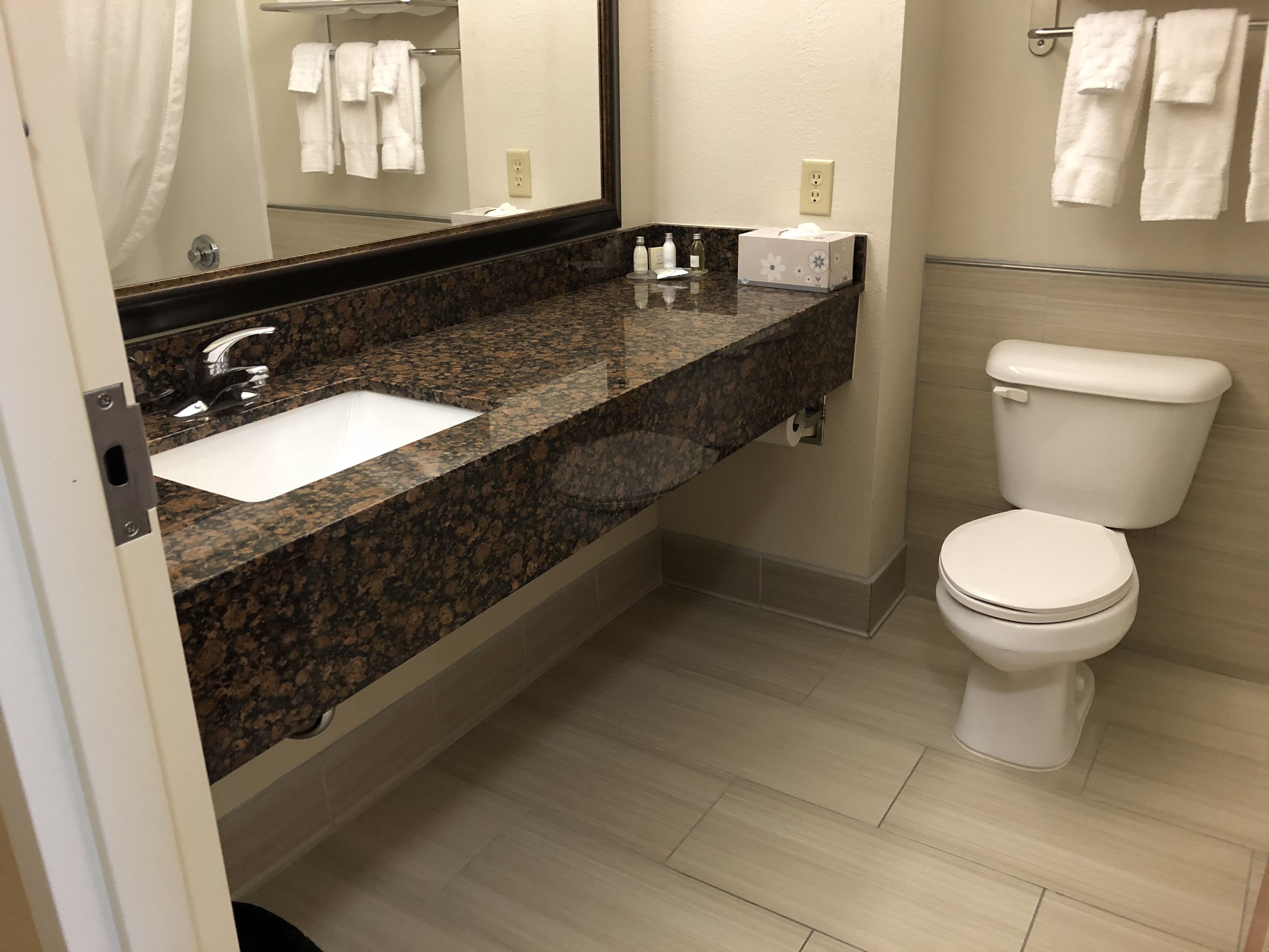 combined shower/bathtub, free toiletries, hair dryer, towels