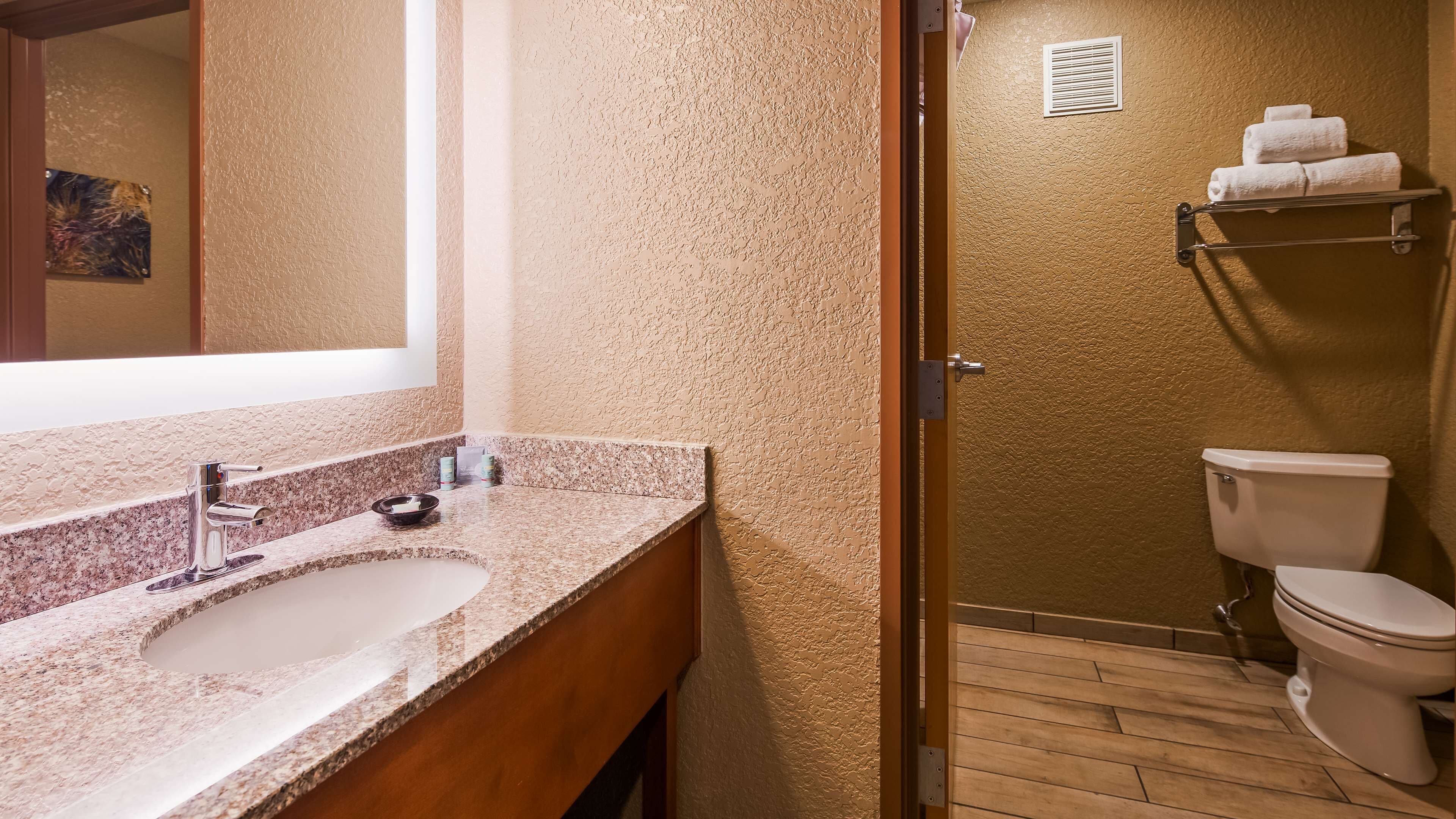 A bathroom with a granite sink, a toilet, and a towel rack.