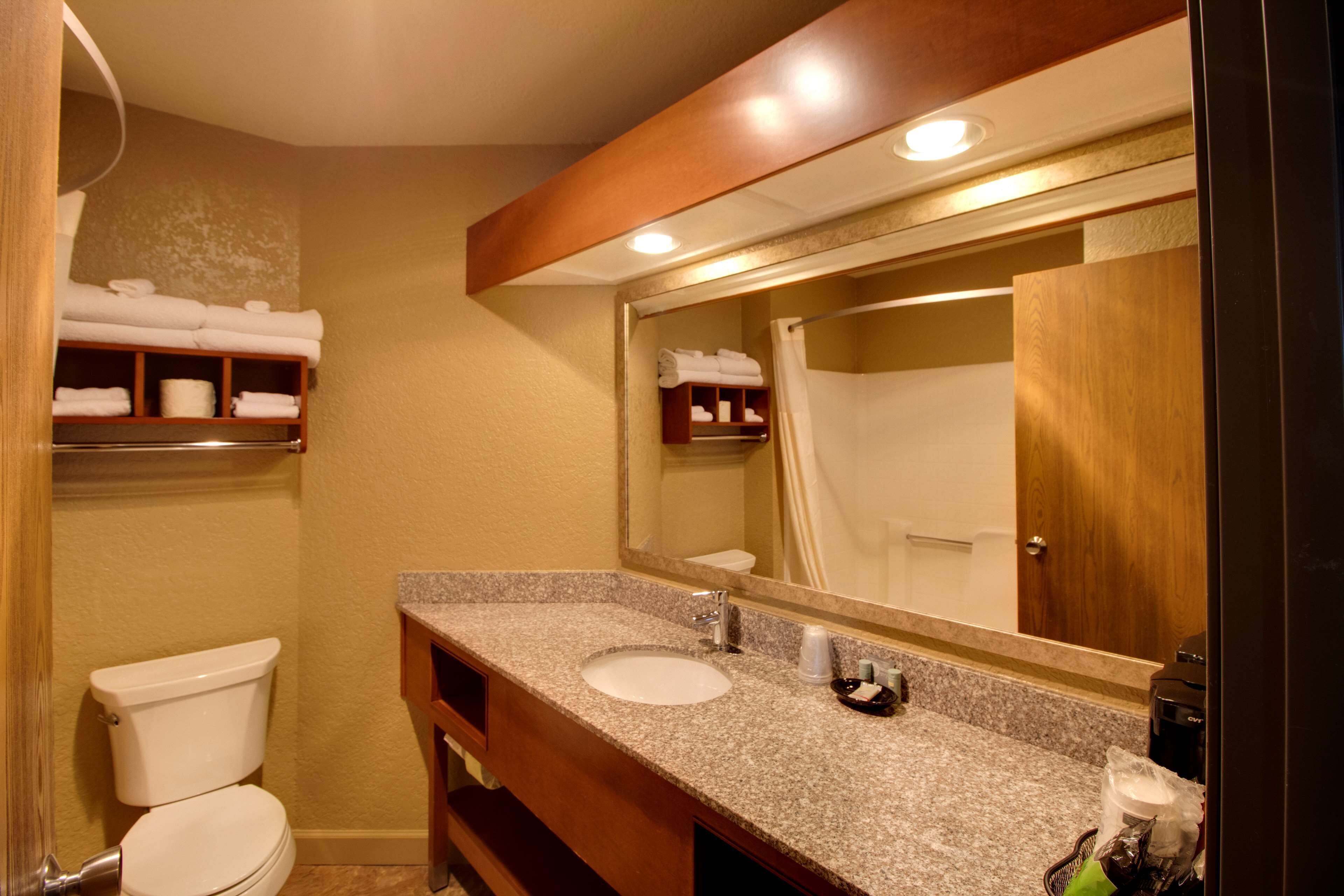 A bathroom with a white toilet, a granite countertop sink, and a large mirror.