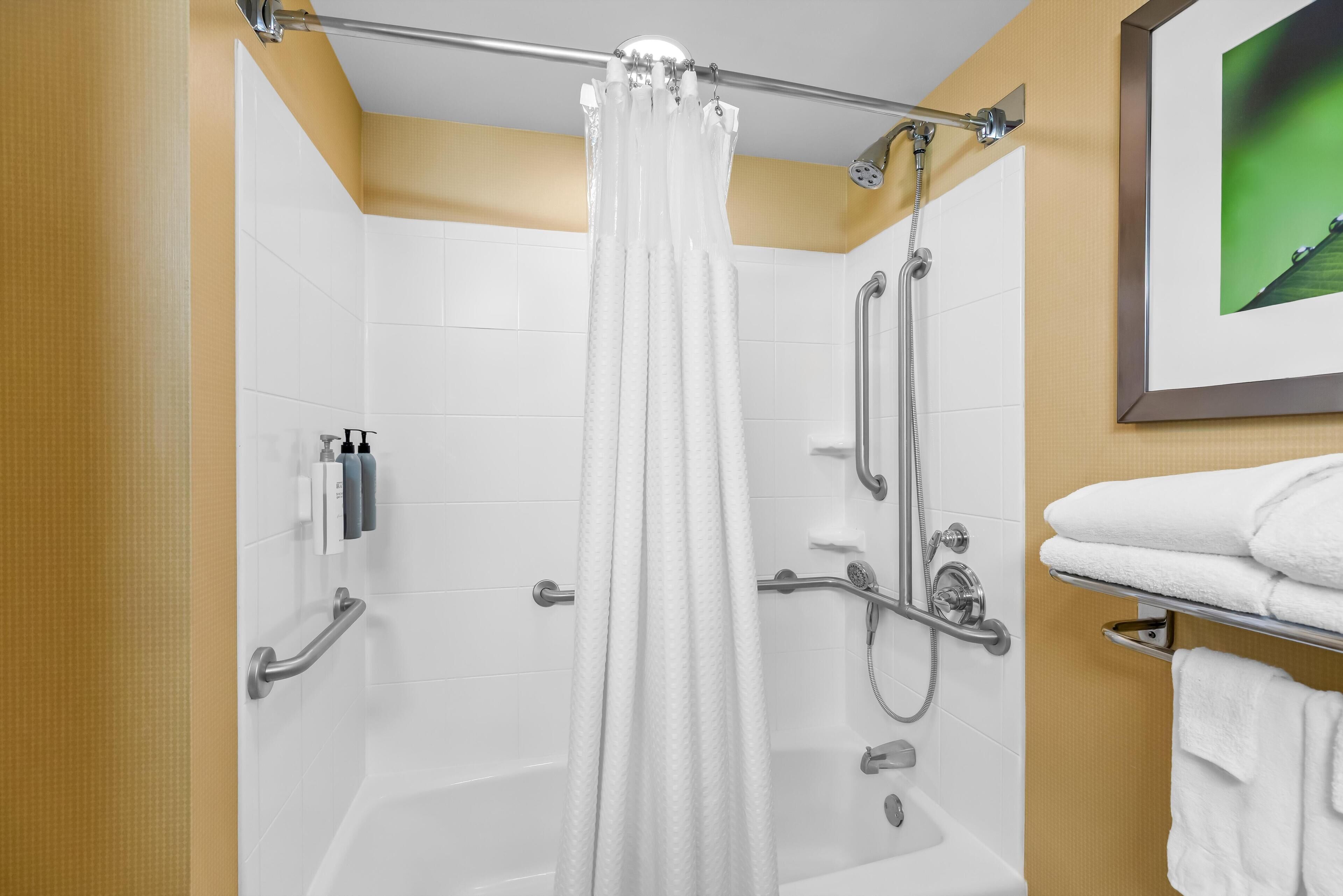 Une salle de bain moderne équipée d’une douche, de barres d’appui, d’un porte-serviettes et d’un tableau encadré au mur.