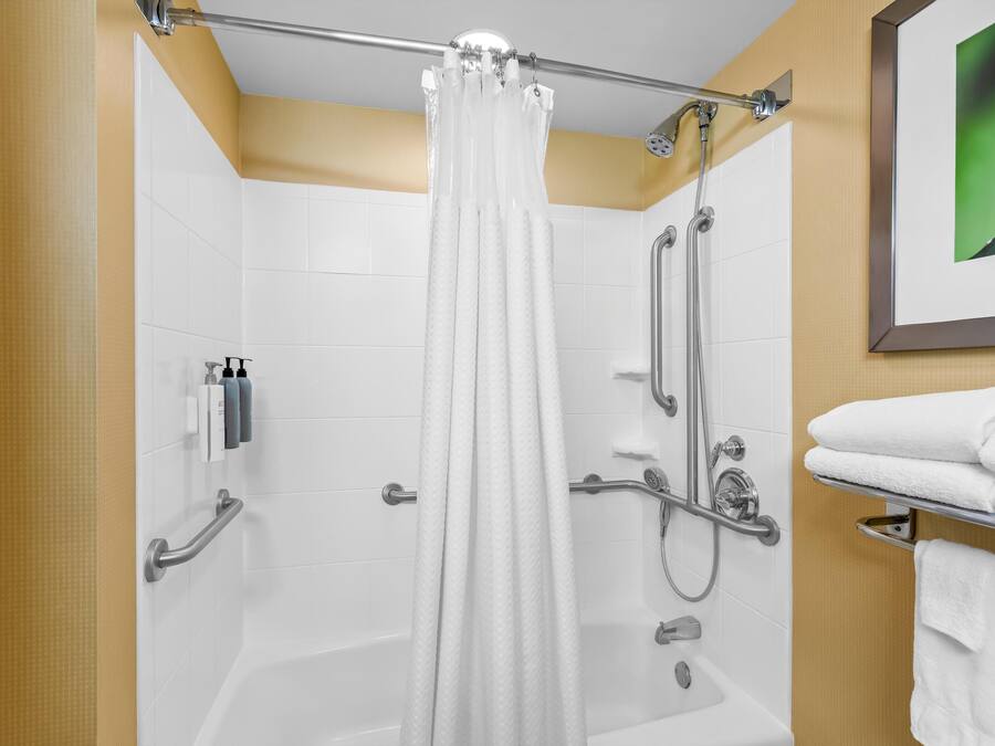 Une salle de bain moderne équipée d’une douche, de barres d’appui, d’un porte-serviettes et d’un tableau encadré au mur.