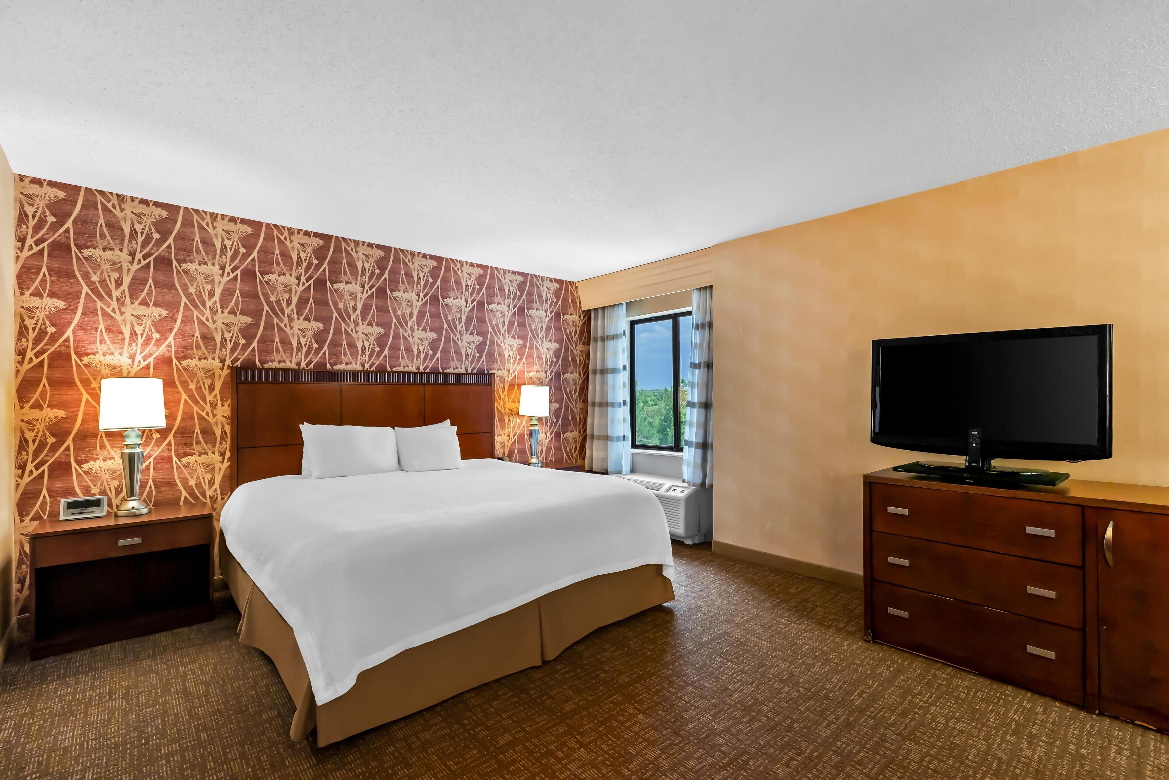 Una habitación de hotel con una cama grande, televisor, cómoda y ventana con vistas.