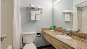 Un baño con inodoro, lavabo, espejo, toallero y cortina de ducha.