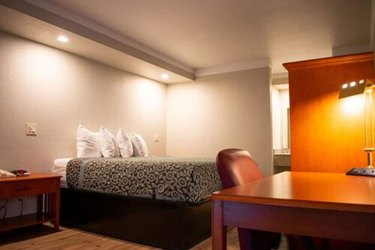 A hotel room with a bed, a desk, a chair, and a lamp.