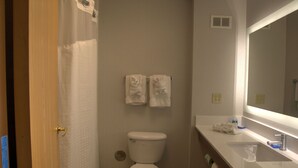A bathroom with a toilet, a sink, and a mirror. There are two towels hanging on the wall. - Holiday Inn Express Rochelle by IHG (Rochelle)