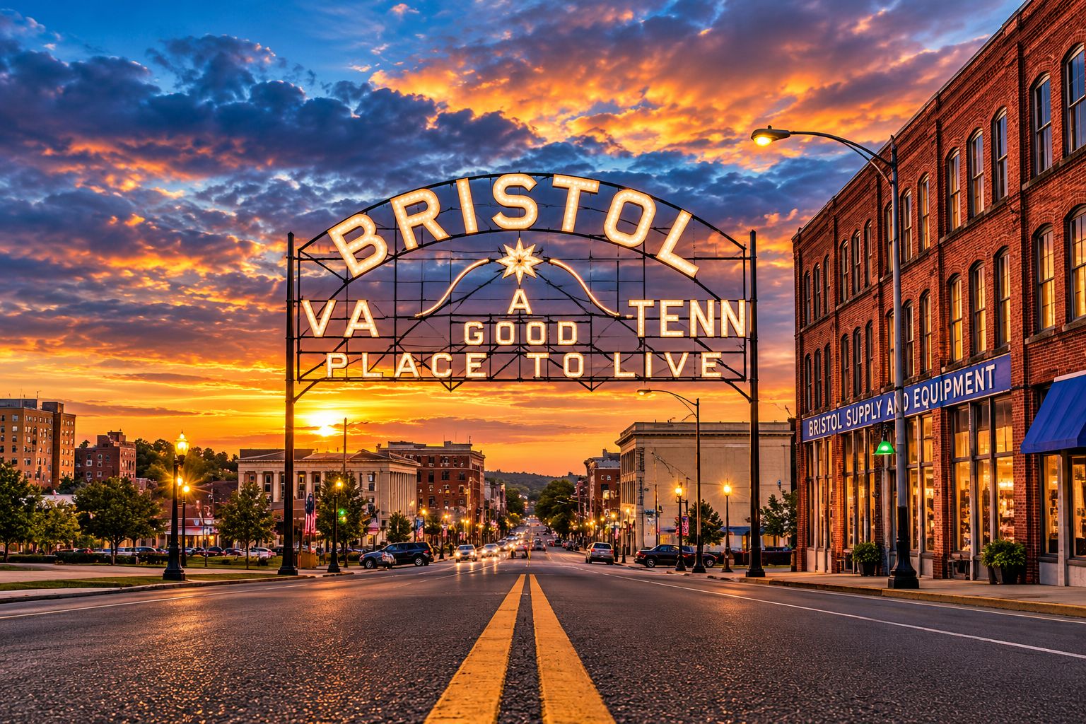 Une vue d’une rue avec une pancarte sur laquelle on peut lire : « BRISTOL, en Virginie : un endroit agréable où vivre », le tout sur fond de ciel au coucher du soleil.