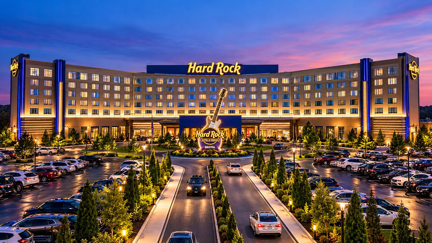 A Hard Rock Hotel & Casino with multiple parking lots, a central road, and a large building facade.