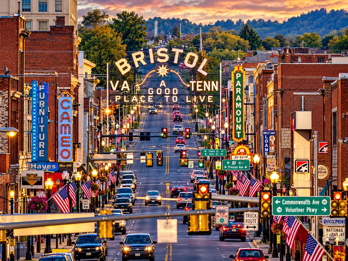 A bustling street scene with a prominent sign reading 'BRISTOL VA GOOD PLACE TO LIVE' and various commercial establishments.