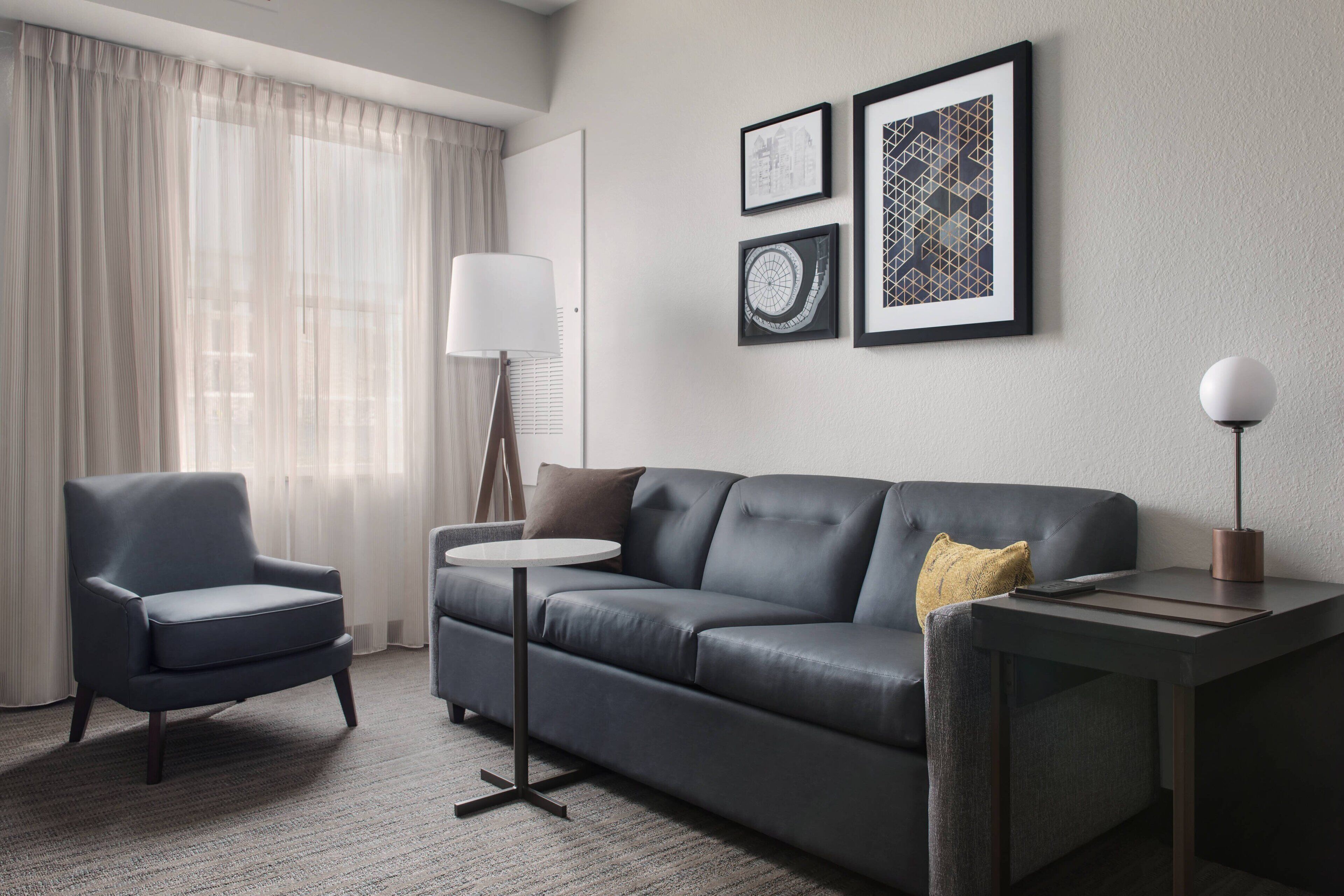 premium bedding, desk, laptop workspace, blackout curtains