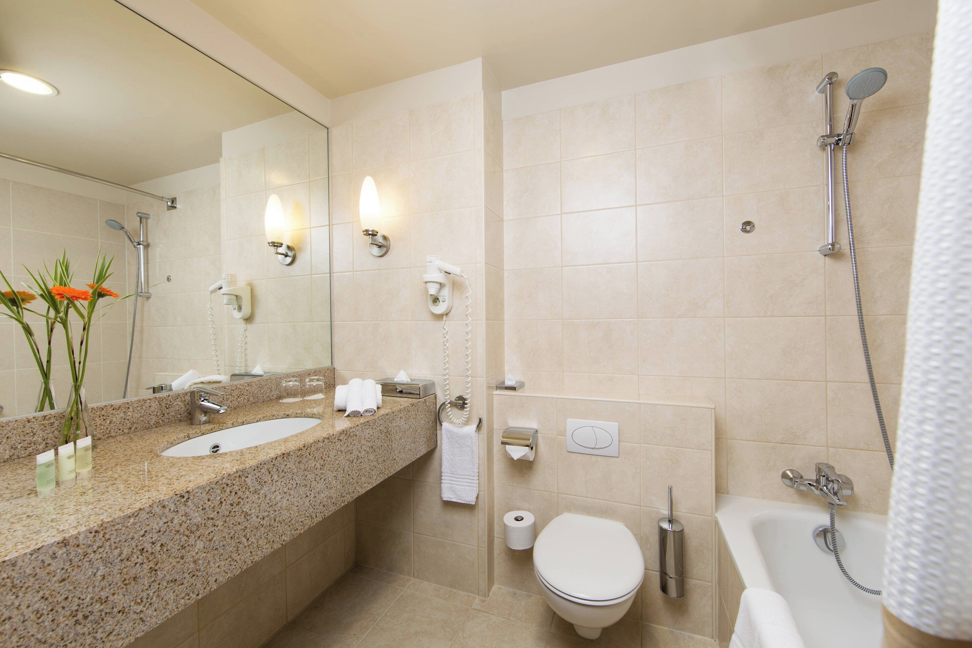 free toiletries, hair dryer, towels