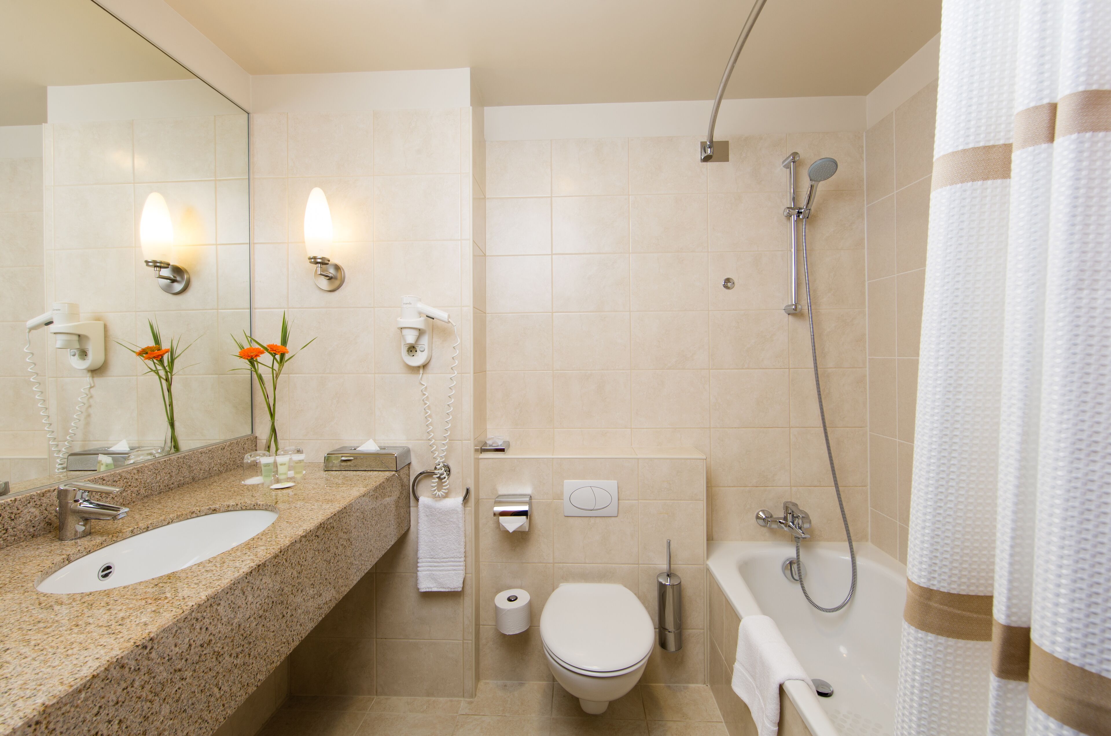 free toiletries, hair dryer, towels