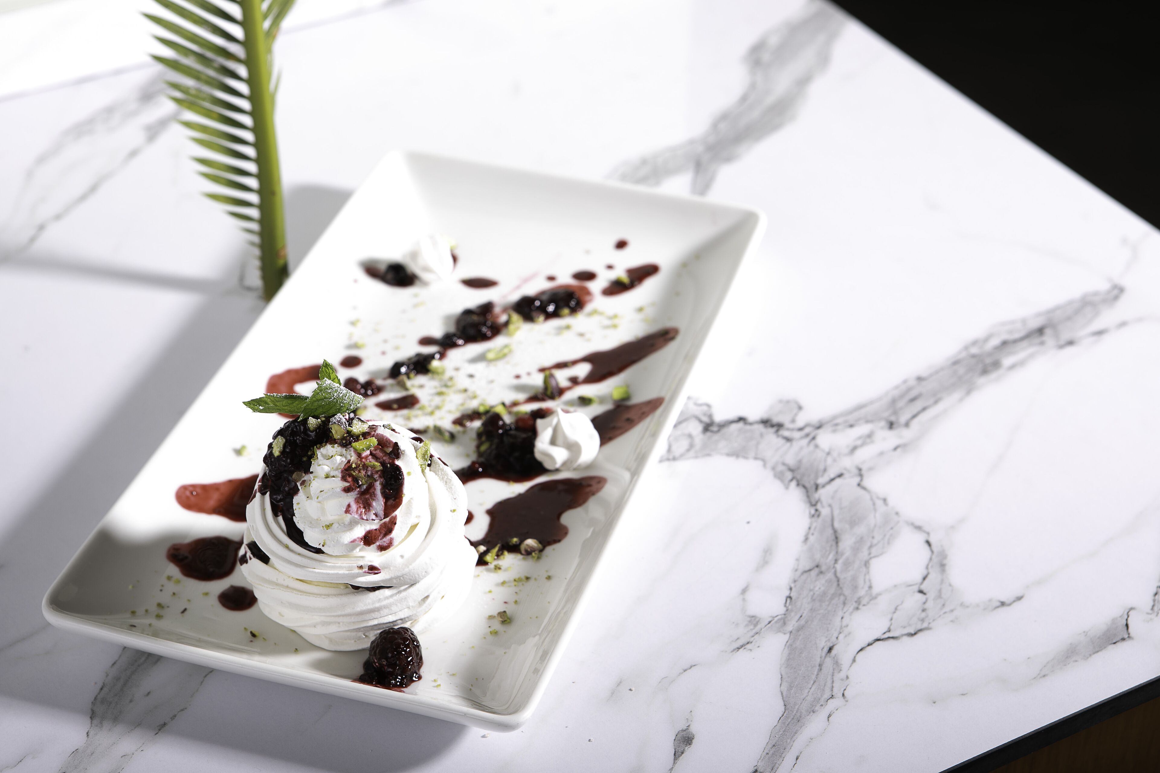 A dessert on a white rectangular plate with chocolate sauce and mint garnish.