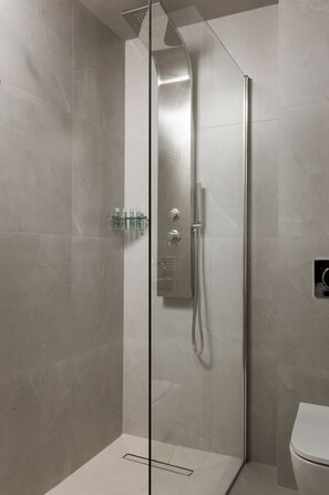 A modern shower enclosure with a glass door, a handheld showerhead, and a wall-mounted control panel.