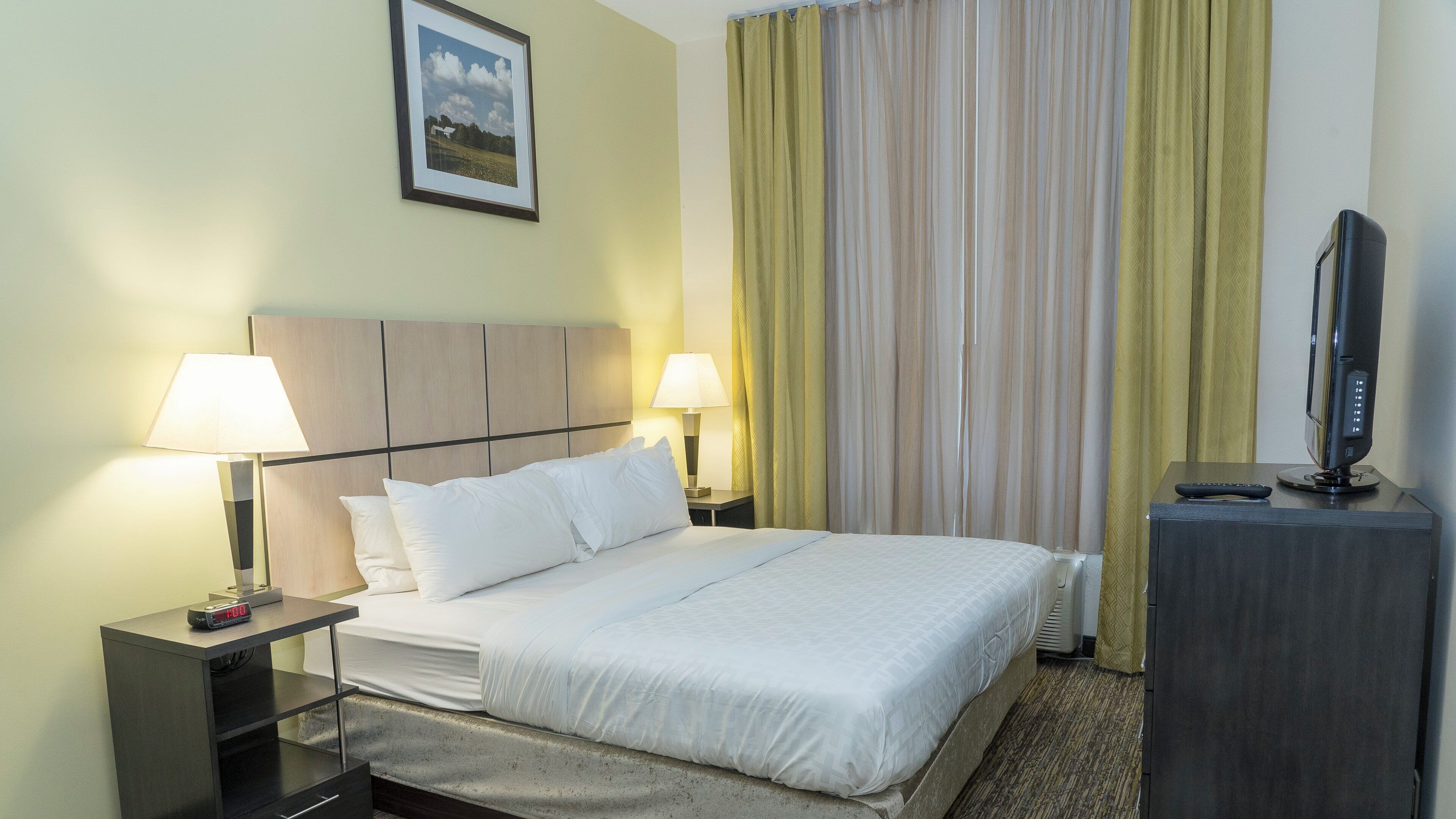 Una habitación de hotel con una cama, dos lámparas de noche, un televisor sobre un mueble bajo y un cuadro en la pared.