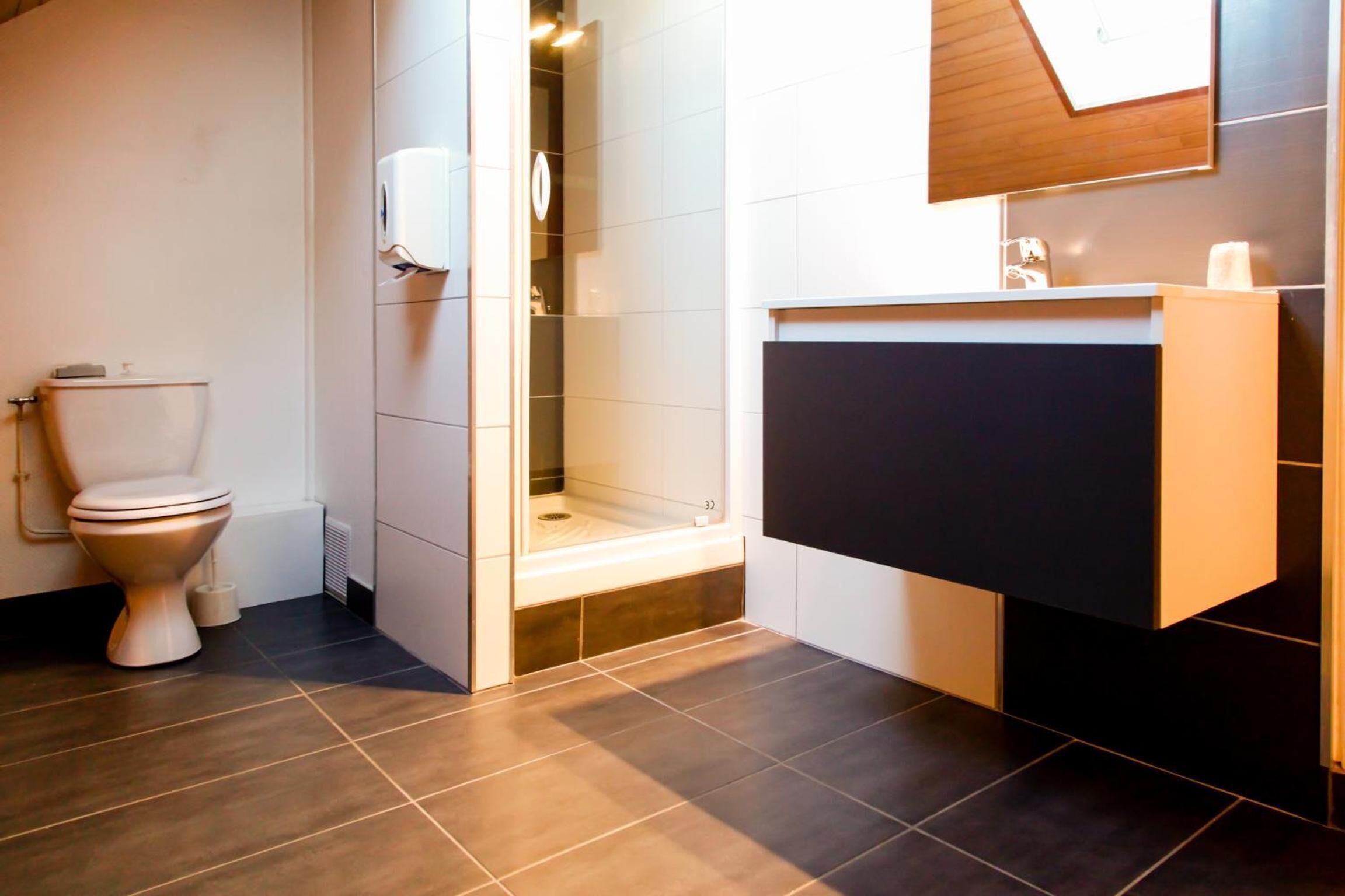 A modern bathroom with a toilet, shower, and sink area.