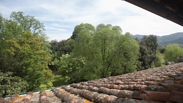 Una azotea con tejas de terracota y vistas a un paisaje verde exuberante con árboles y colinas al fondo.