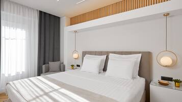 A modern bedroom with a large bed, bedside tables, a nightstand, and a window with curtains.