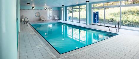 Indoor pool, open 9:00 AM to 8:00 PM, sun loungers