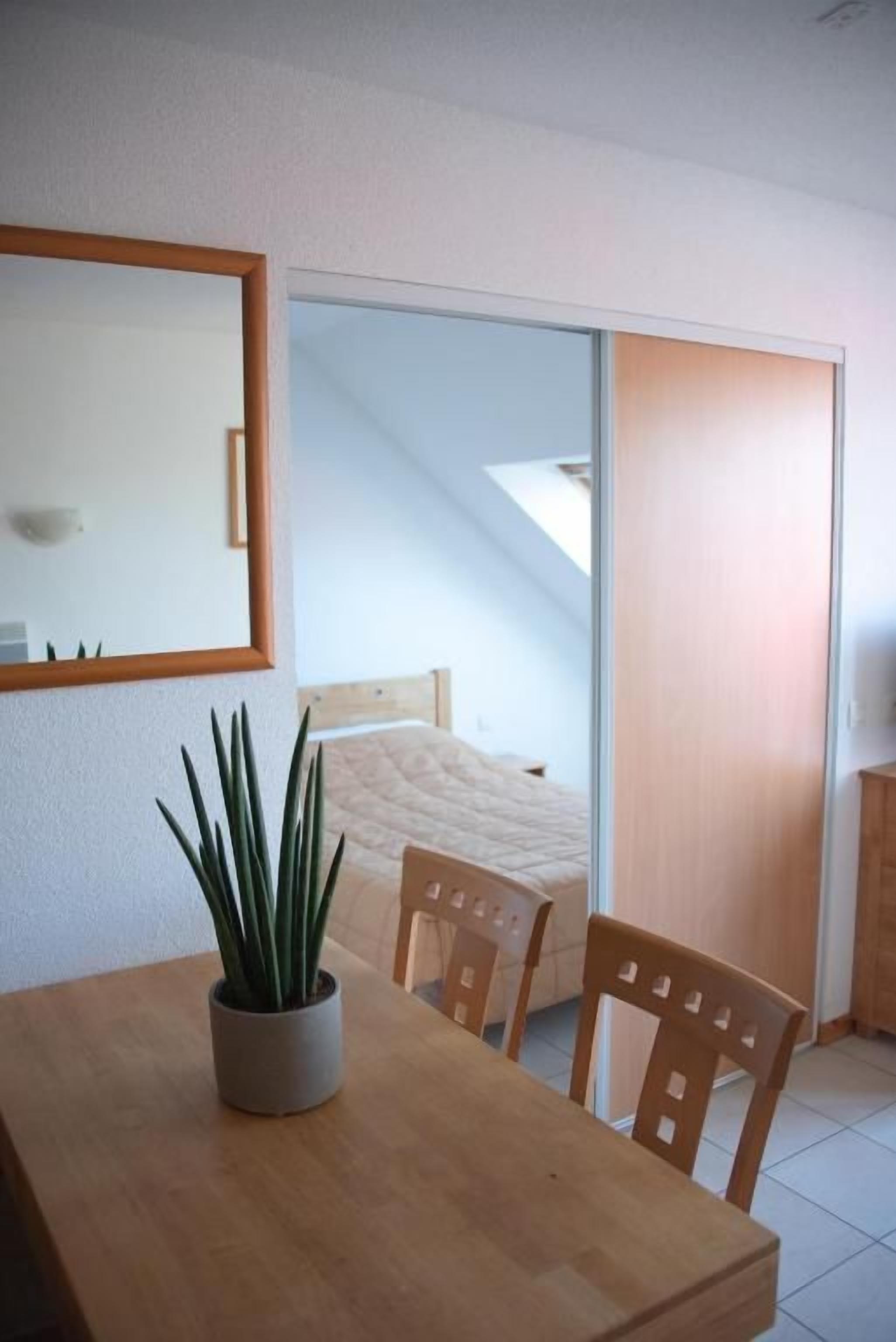 Une pièce comprenant un lit, une table à manger avec des chaises, une plante en pot et une porte coulissante.
