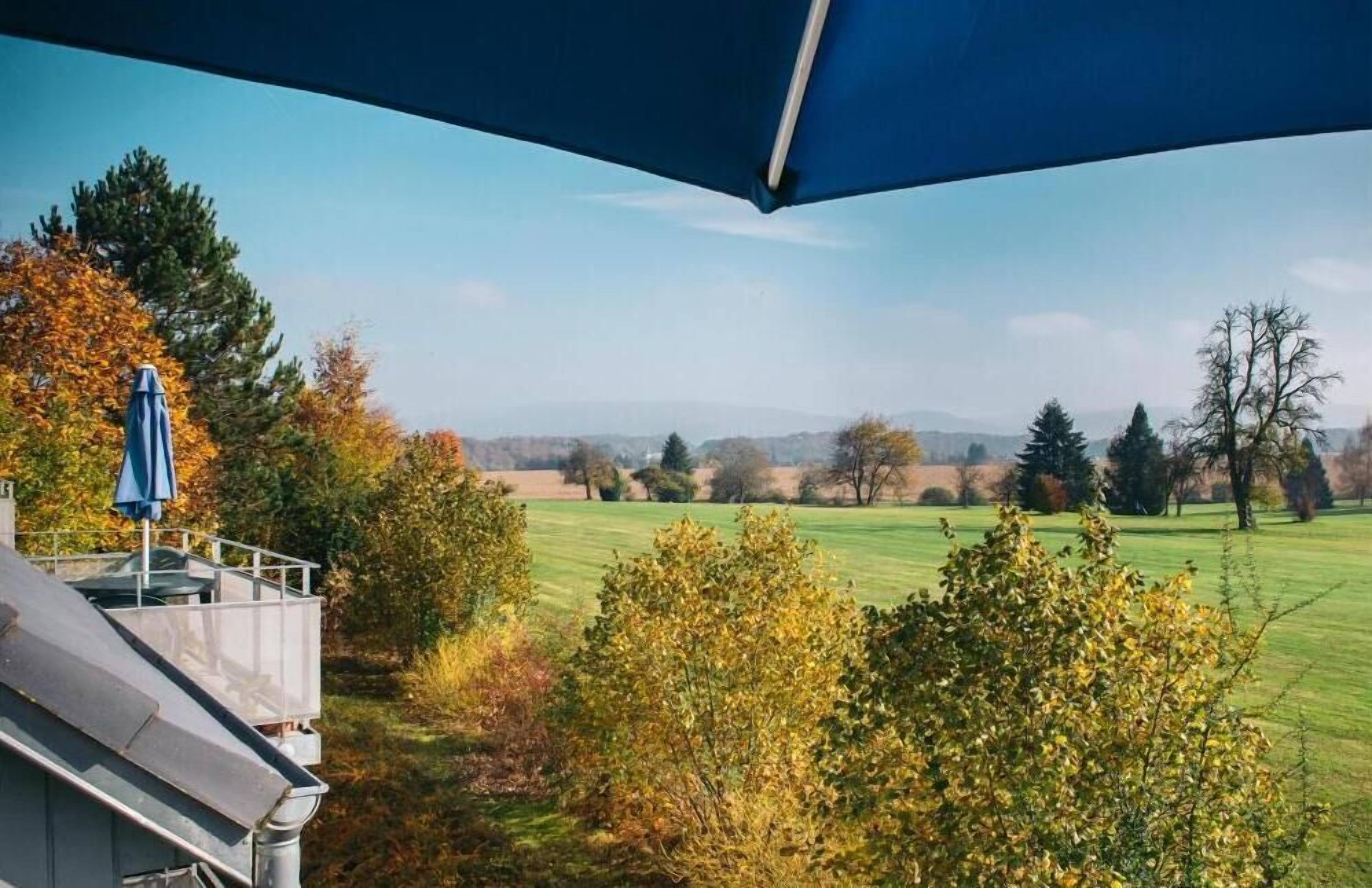 A view from a balcony overlooking a green field with trees and a clear sky.
