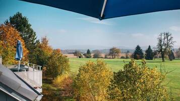 A view from a balcony overlooking a green field with trees and a clear sky.