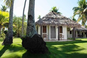 Una cabaña con techo de paja, un pequeño porche y un césped, rodeada de palmeras.