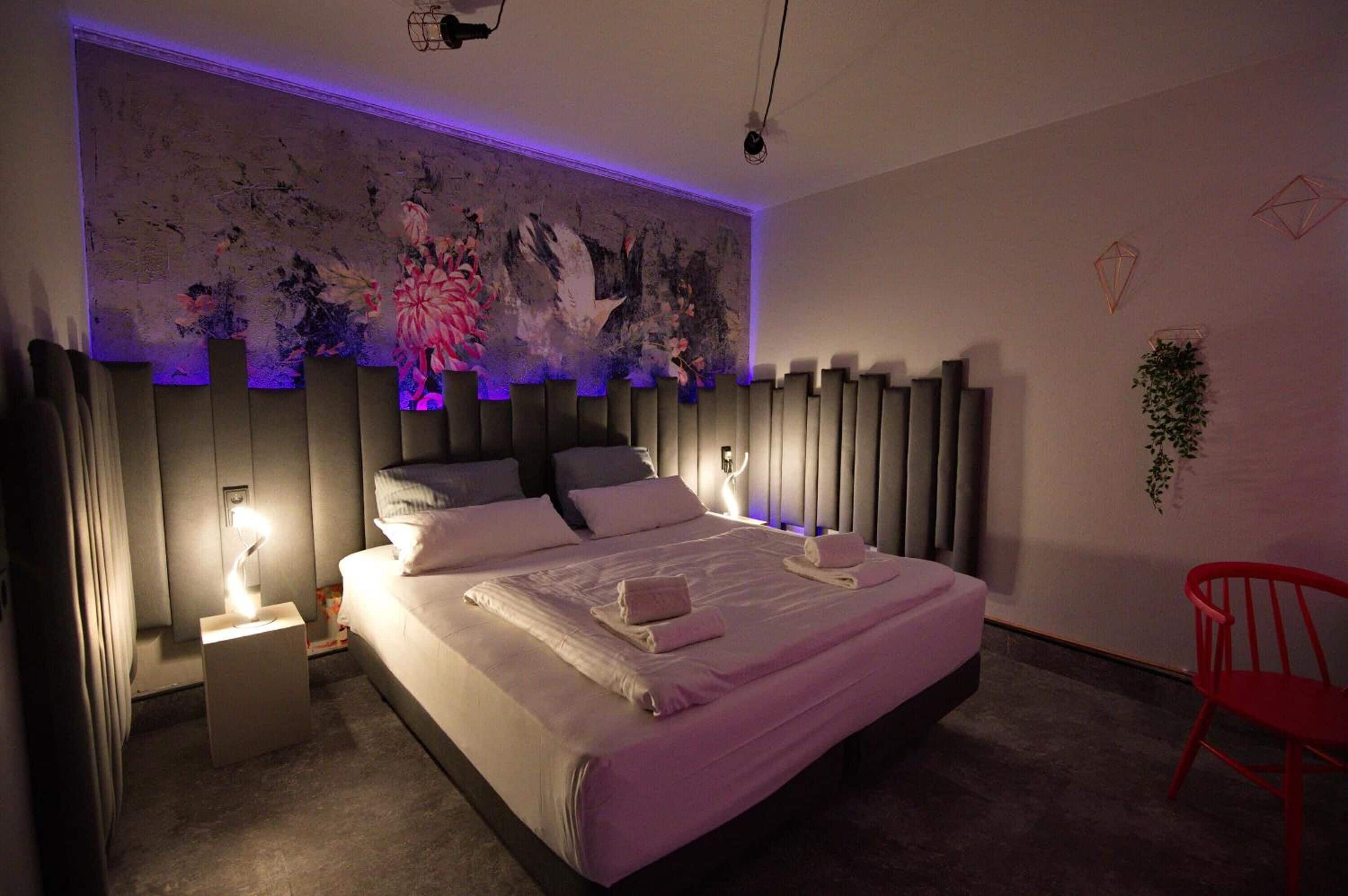 Desk, laptop workspace, blackout curtains, iron/ironing board