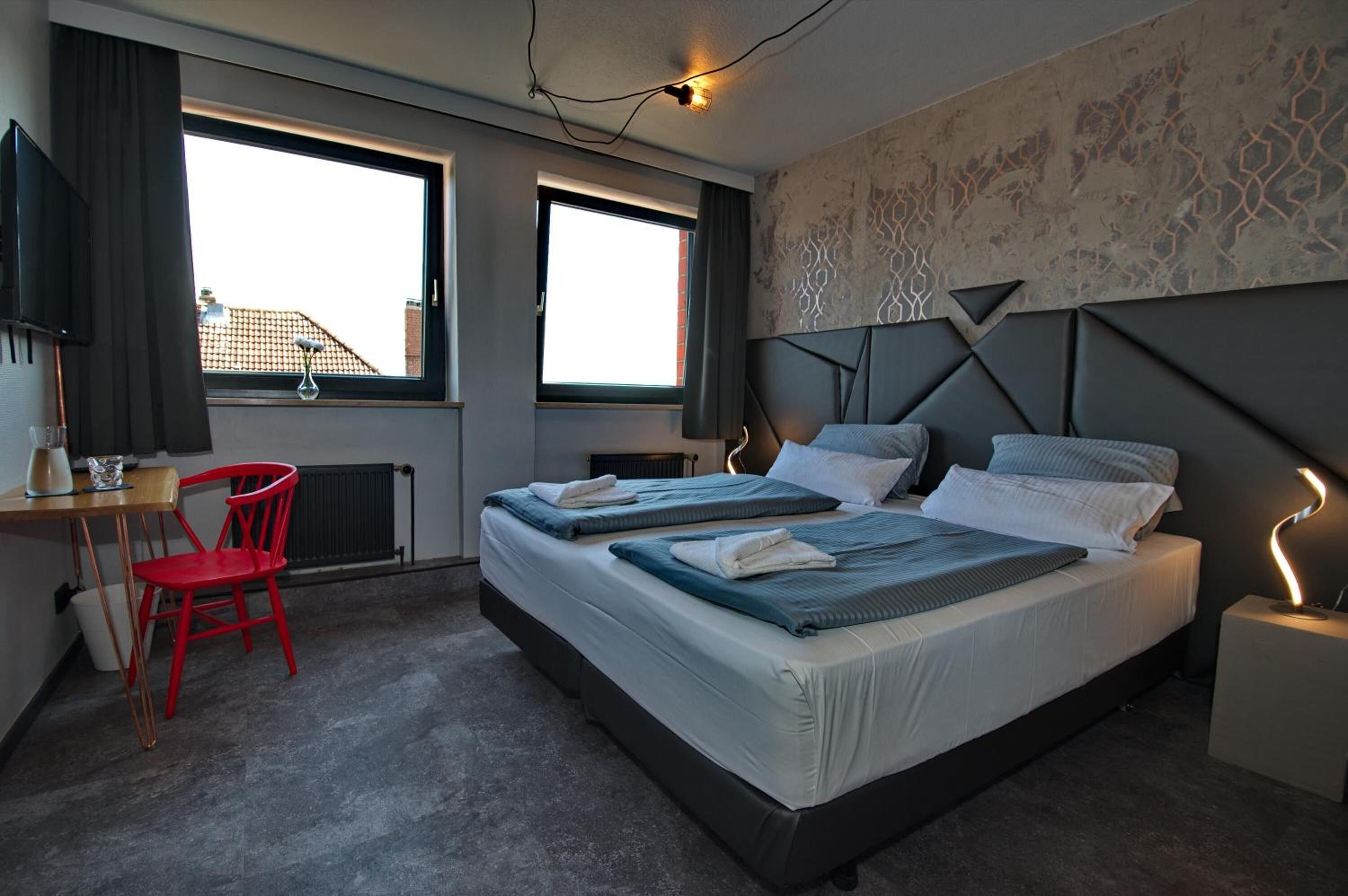 1 bedroom, desk, laptop workspace, blackout curtains