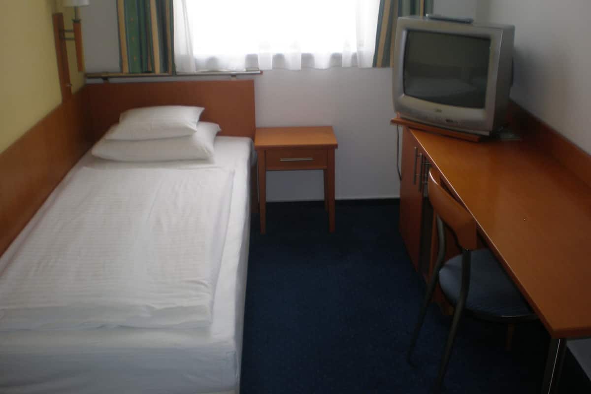 A hotel room with a single bed, a small wooden desk, a television, and a chair.