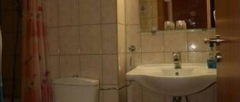 A small bathroom with a toilet, sink, and shower.