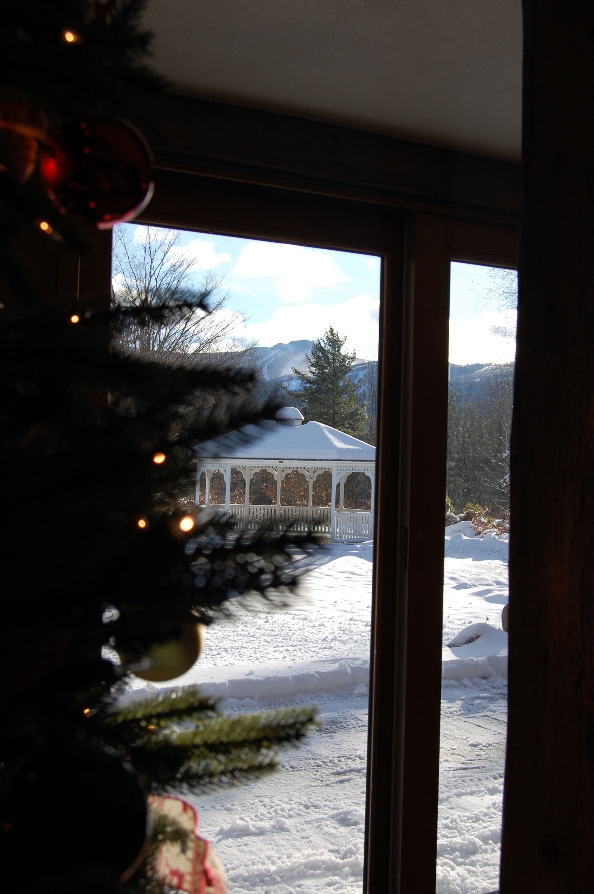 Un paisaje nevado con un pabellón y un árbol de Navidad visibles a través de una ventana.