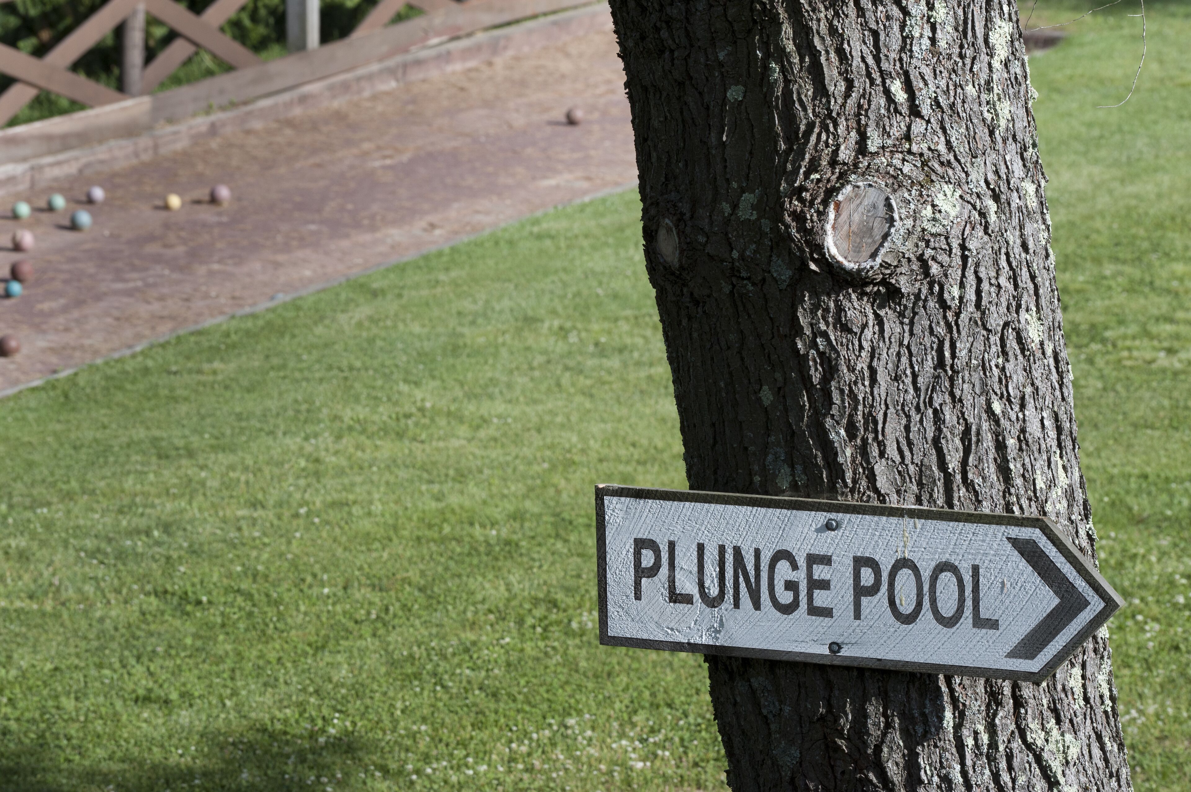 Een bord aan een boom met de tekst 'PLUNGE POOL' en een pijl naar rechts.