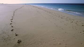 Una playa arenosa y extensa con huellas que se adentran en el agua.