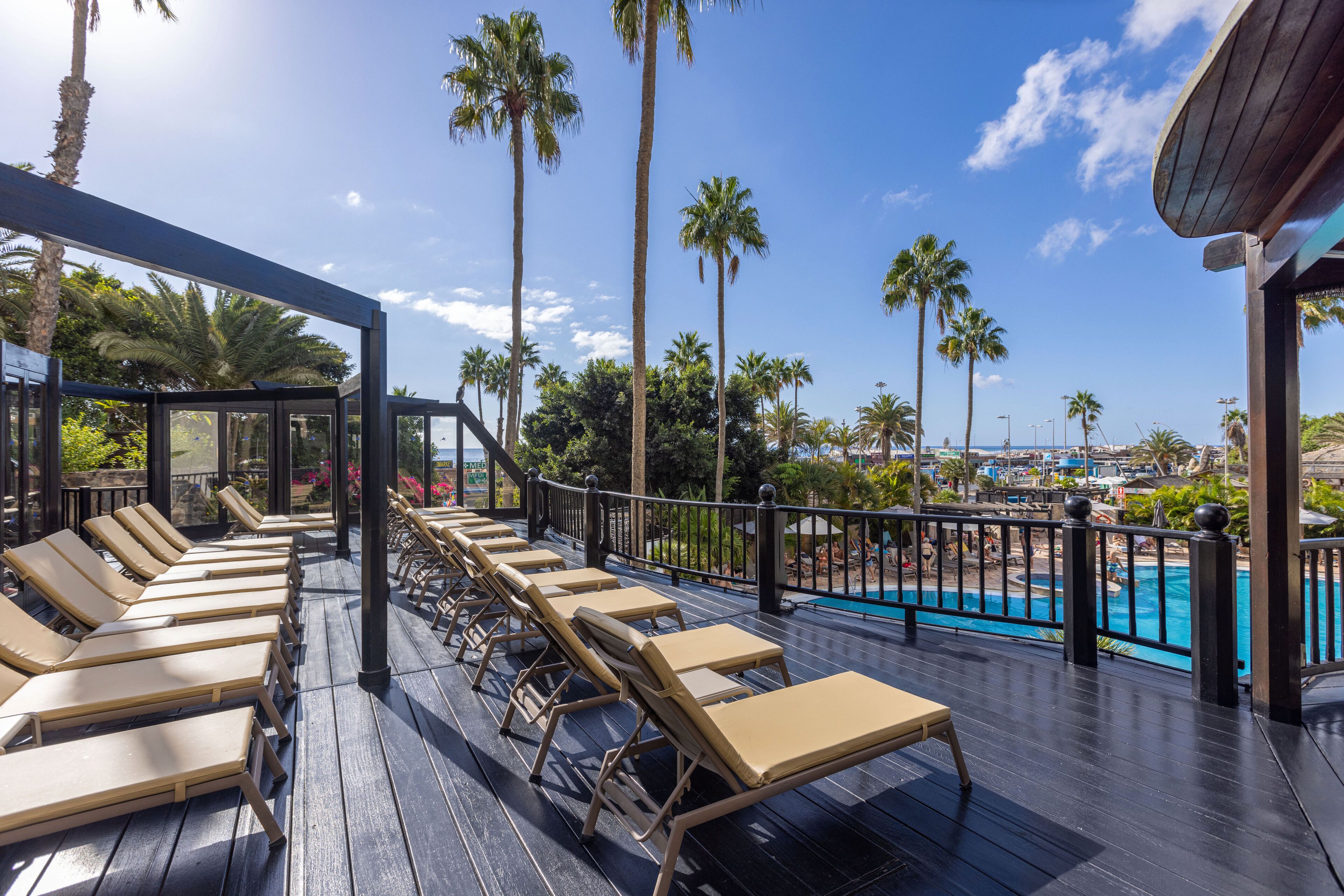A deck with sun loungers overlooking a pool, surrounded by palm trees and a clear sky.