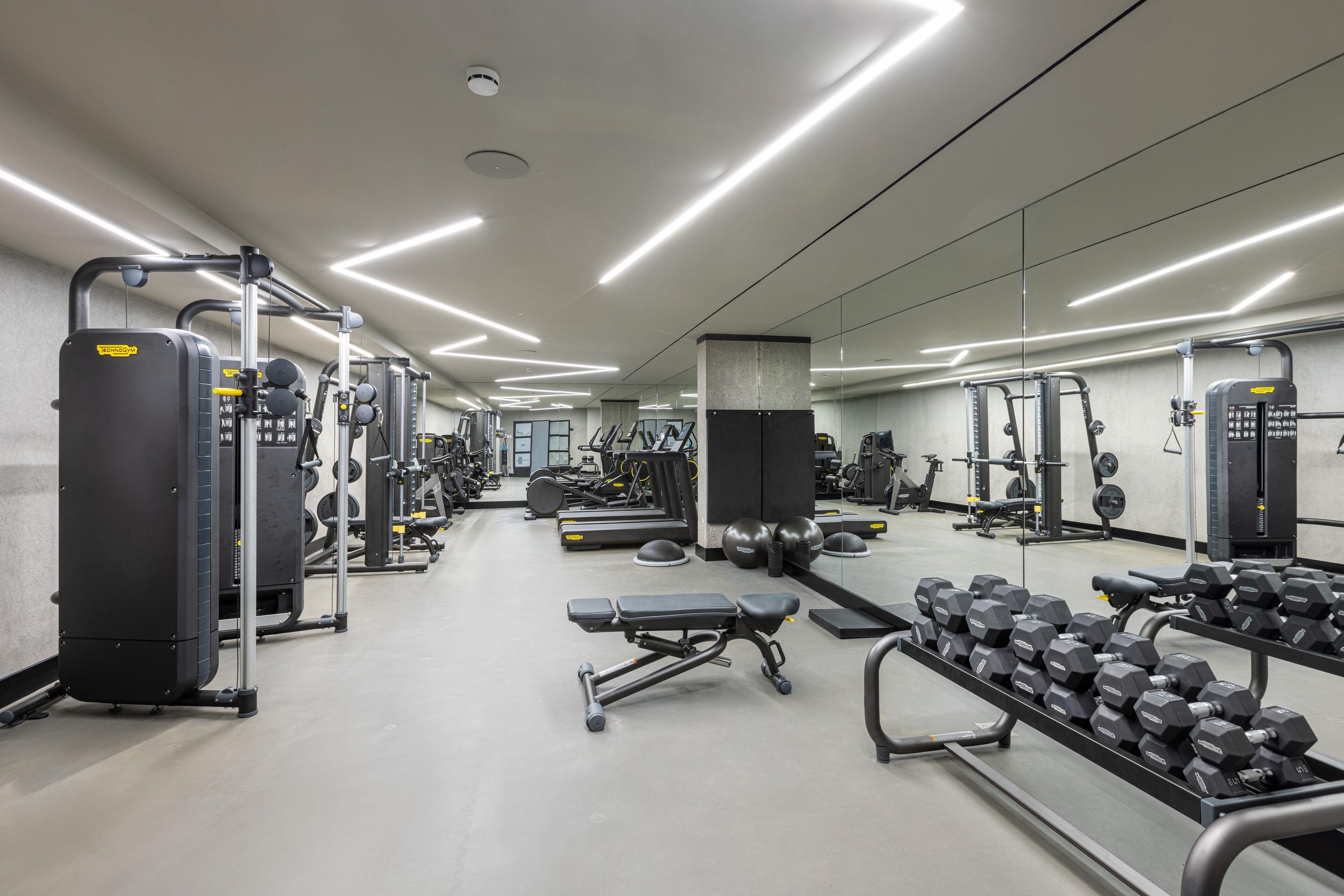 Un gimnasio moderno con diversos equipos de ejercicio, incluyendo máquinas de pesas, cintas de correr y mancuernas.