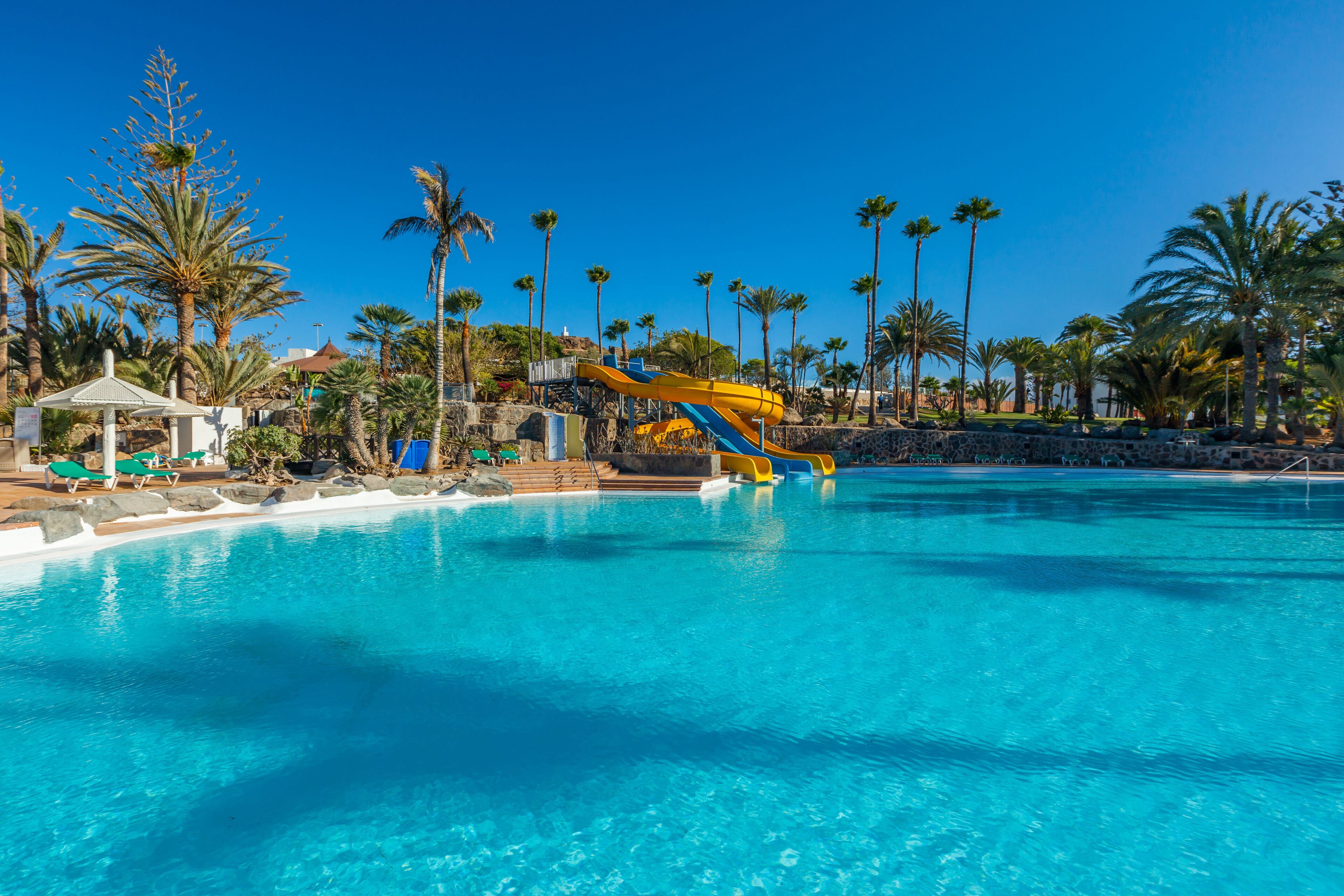 Una piscina azul cristalina con un tobogán acuático, rodeada de palmeras y sillas de descanso.