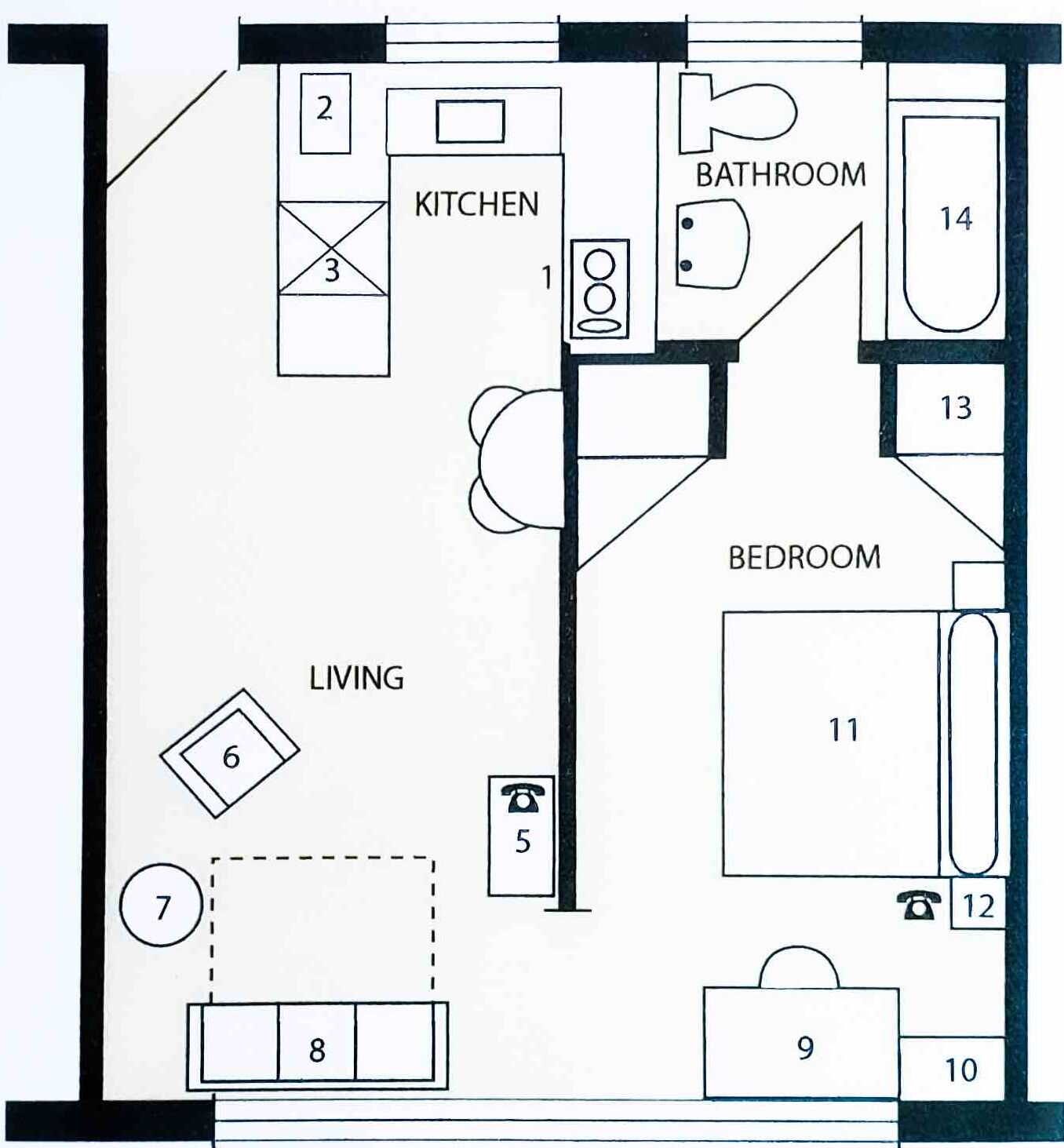 A floor plan with a kitchen, two bathrooms, a living room, and two bedrooms.