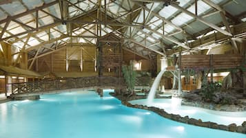 Indoor pool, open 10:00 AM to 6:00 PM, pool loungers