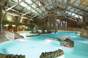 Swim and play in the pool surrounded by a vaulted ceiling and natural stone.