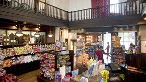 Un grand magasin spacieux, à plusieurs niveaux, doté de rampes en bois et proposant une grande variété de produits, notamment des peluches et des en-cas.