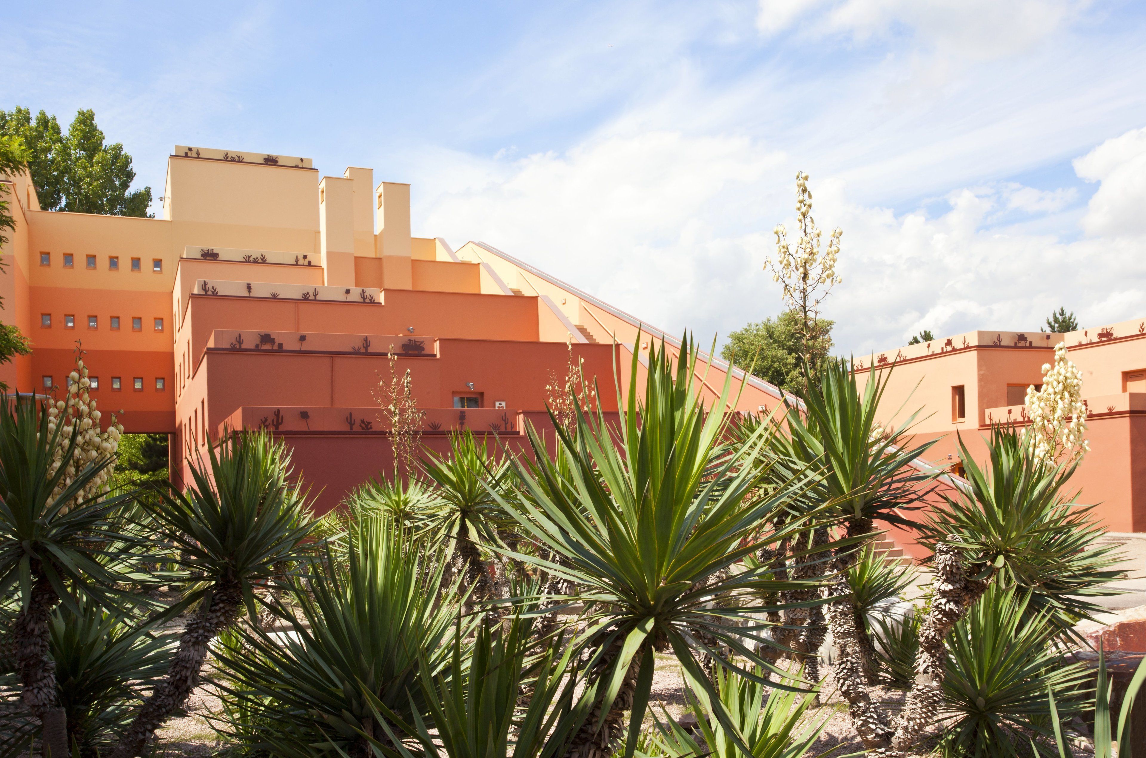 A building with a flat roof and multiple windows, surrounded by green plants.