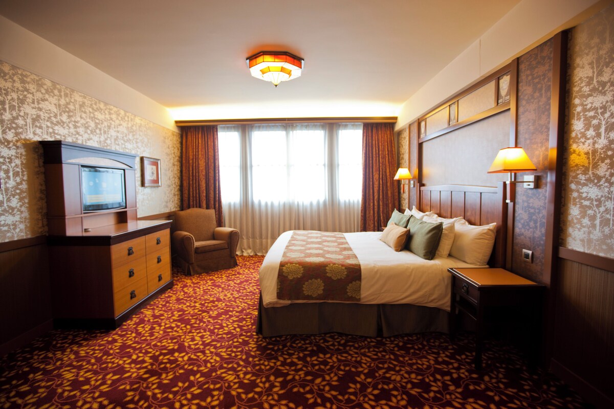 A hotel room with a bed, a desk, a chair, a television, and a window with curtains.
