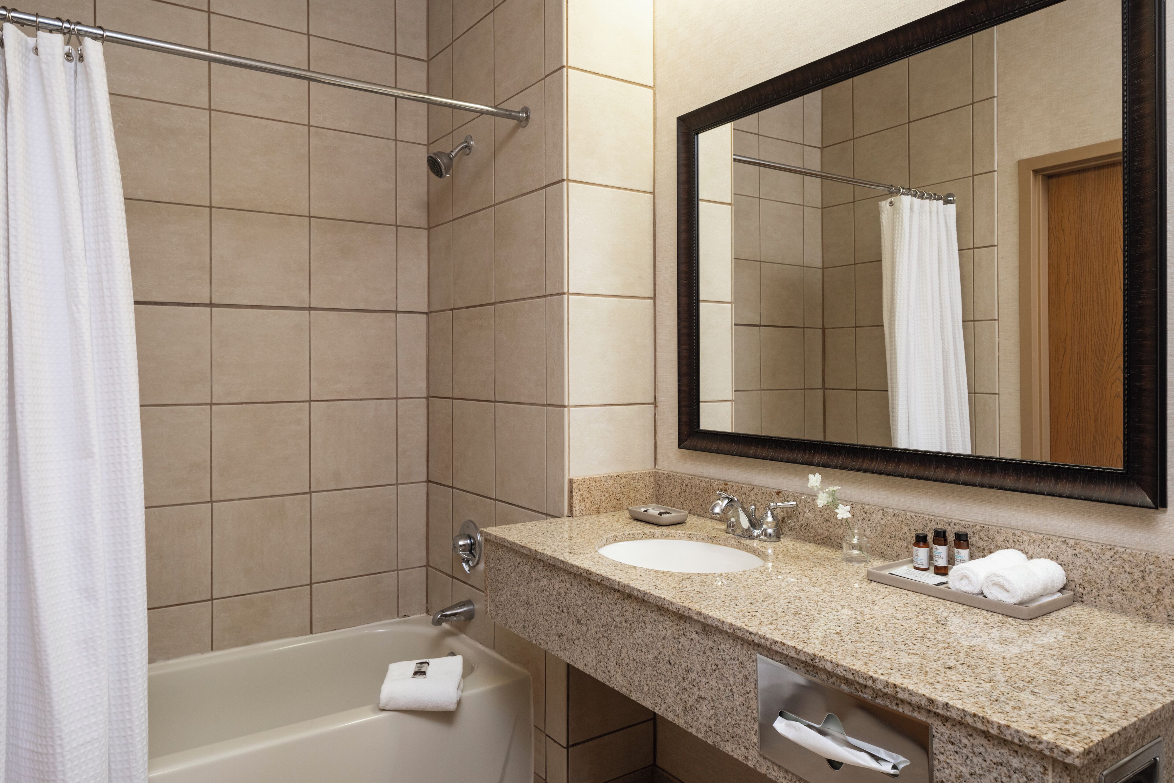 Un baño con bañera, lavabo, espejo y cortina de ducha.