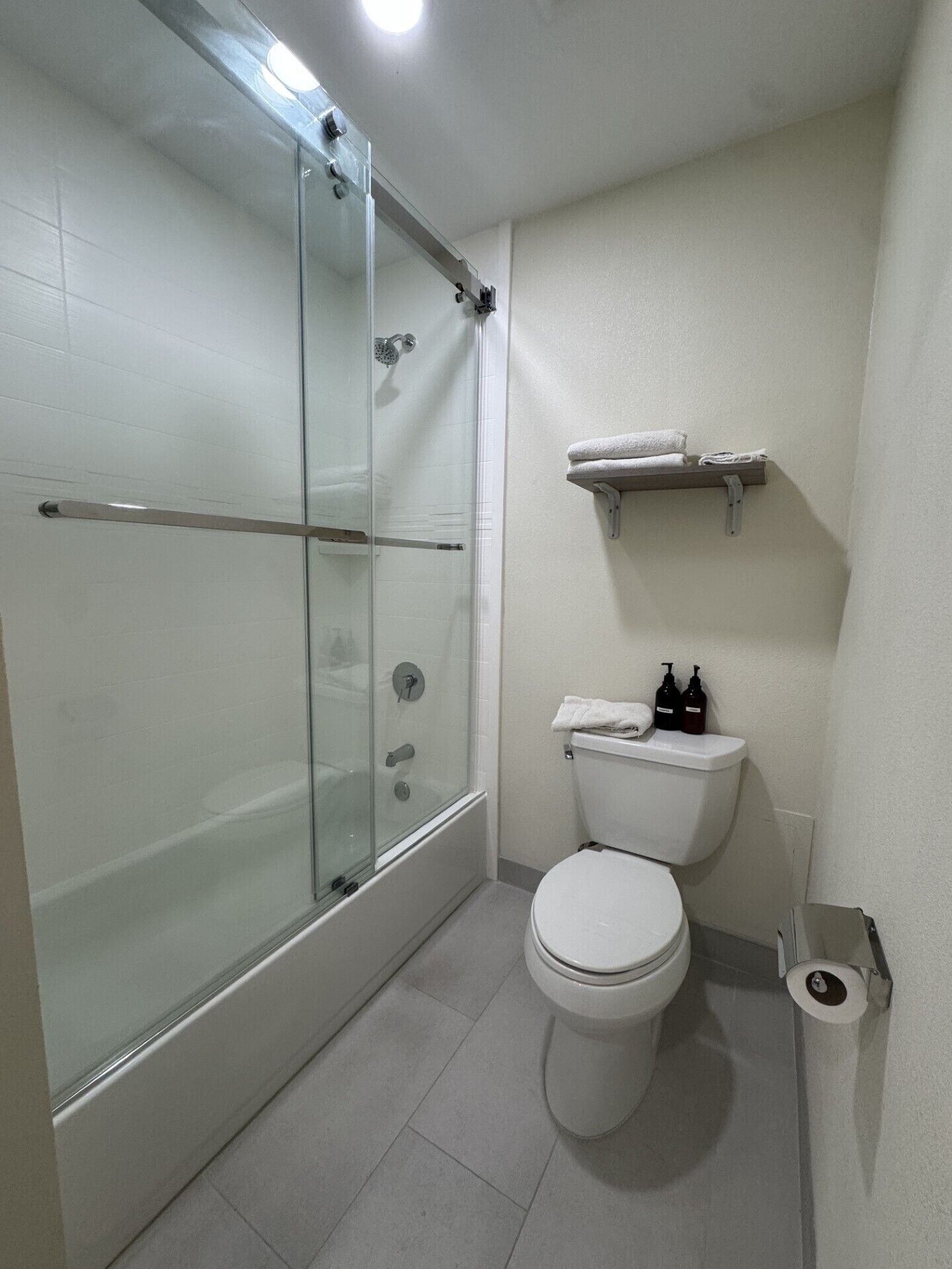 Combined shower/tub, free toiletries, hair dryer, towels