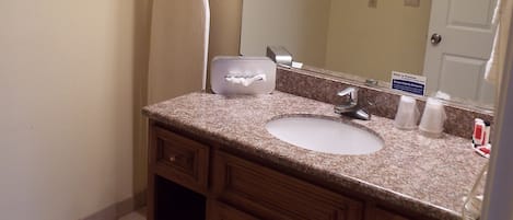 Combined shower/bathtub, free toiletries, hair dryer, towels