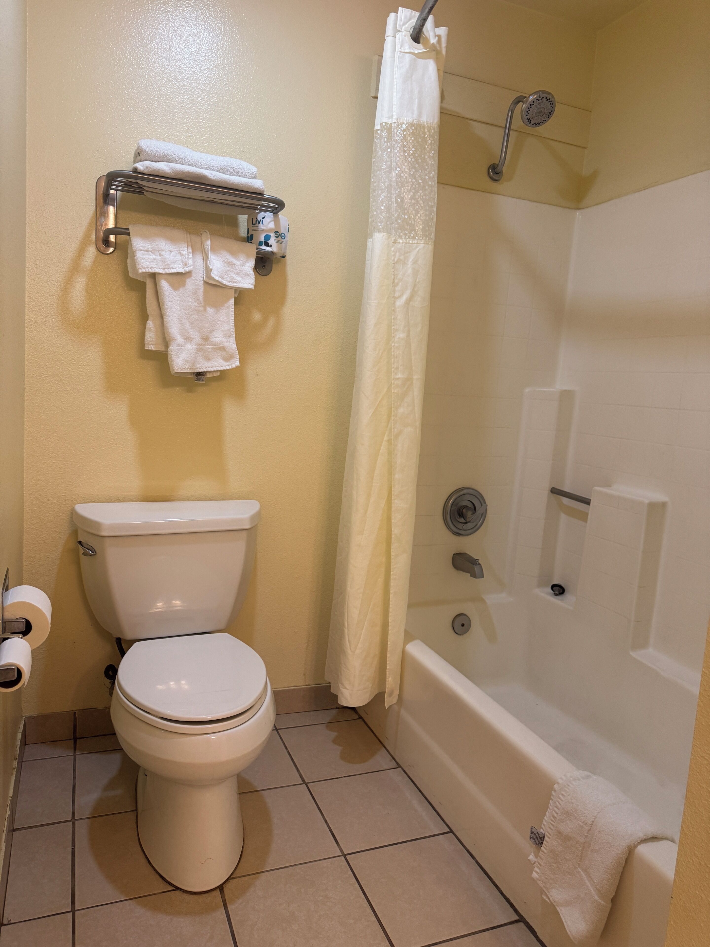 Combined shower/bathtub, free toiletries, hair dryer, towels