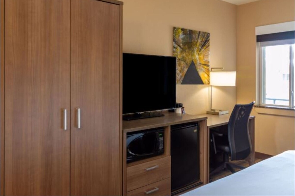 Habitación de hotel con armario de madera, televisor de pantalla plana, microondas, refrigerador, escritorio con lámpara, una silla y una cama.
