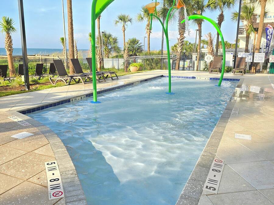 A swimming pool with clear water, surrounded by palm trees and lounge chairs.