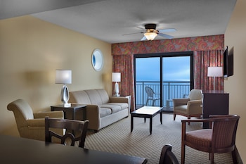 Deluxe Condo, 3 Bedrooms, Kitchen, Oceanfront | Living area | 43-inch flat-screen TV with cable channels, DVD player at Grand Atlantic Ocean Resort