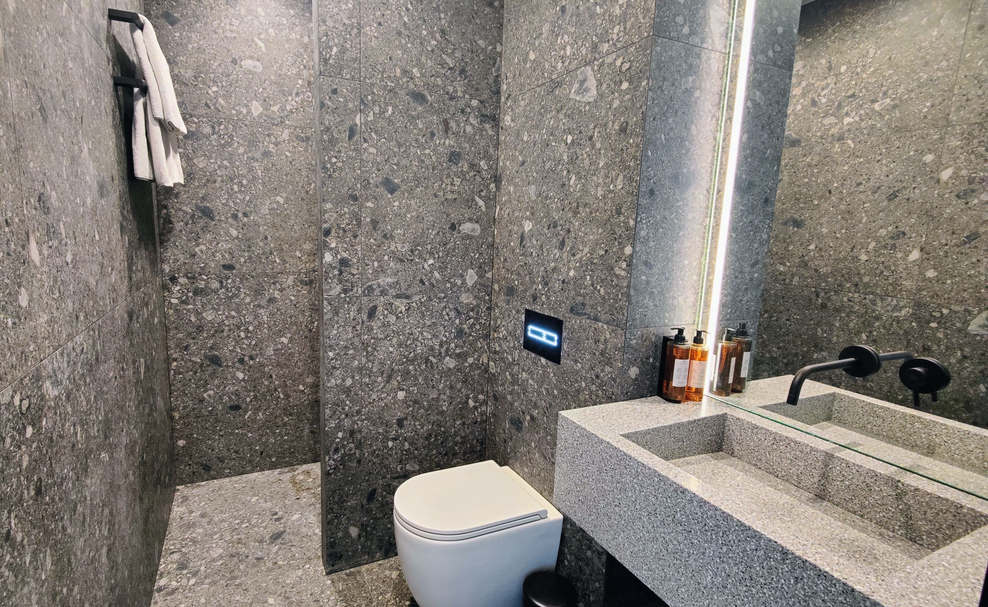 sky double room | bathroom | shower, hair dryer, towels, soap